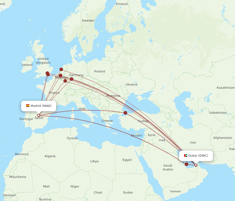 MAD to DWC flights and routes map