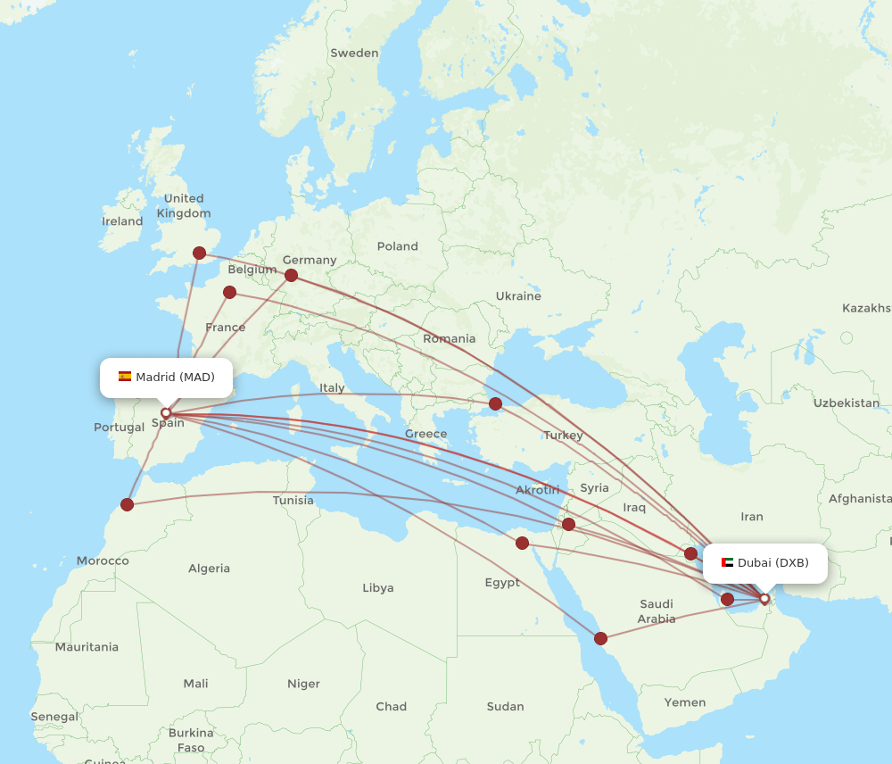 MAD to DXB flights and routes map