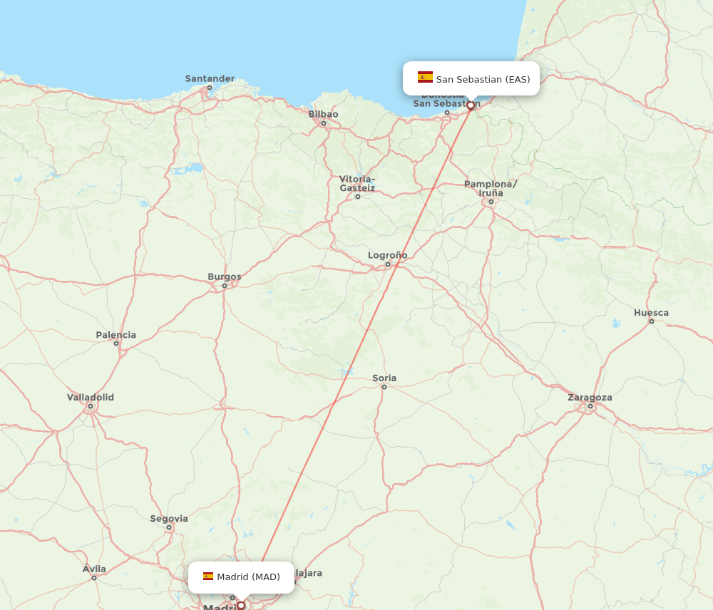 Madrid - San Sebastian route map and flight paths
