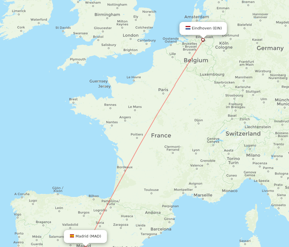 Madrid - Eindhoven route map and flight paths