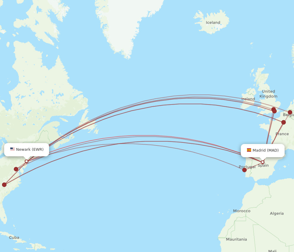 MAD-EWR flight routes