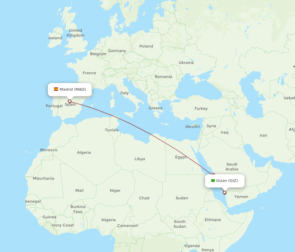 MAD to GIZ flights and routes map