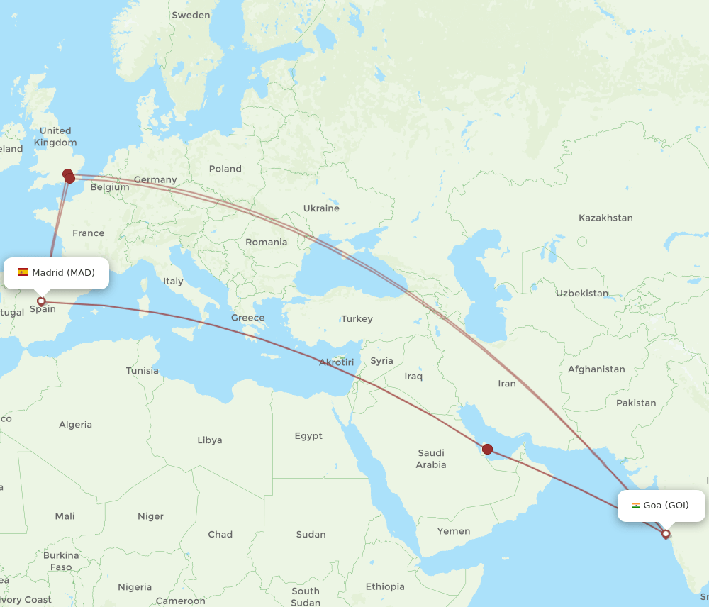 Madrid - Goa route map and flight paths