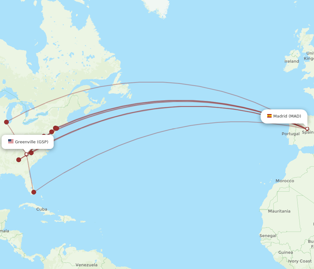 MAD to GSP flights and routes map