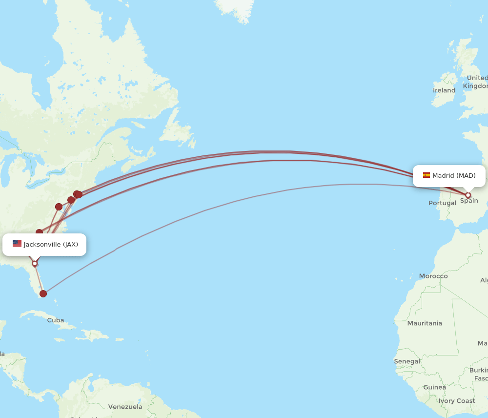 MAD to JAX flights and routes map