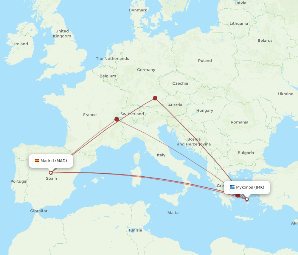 MAD to JMK flights and routes map