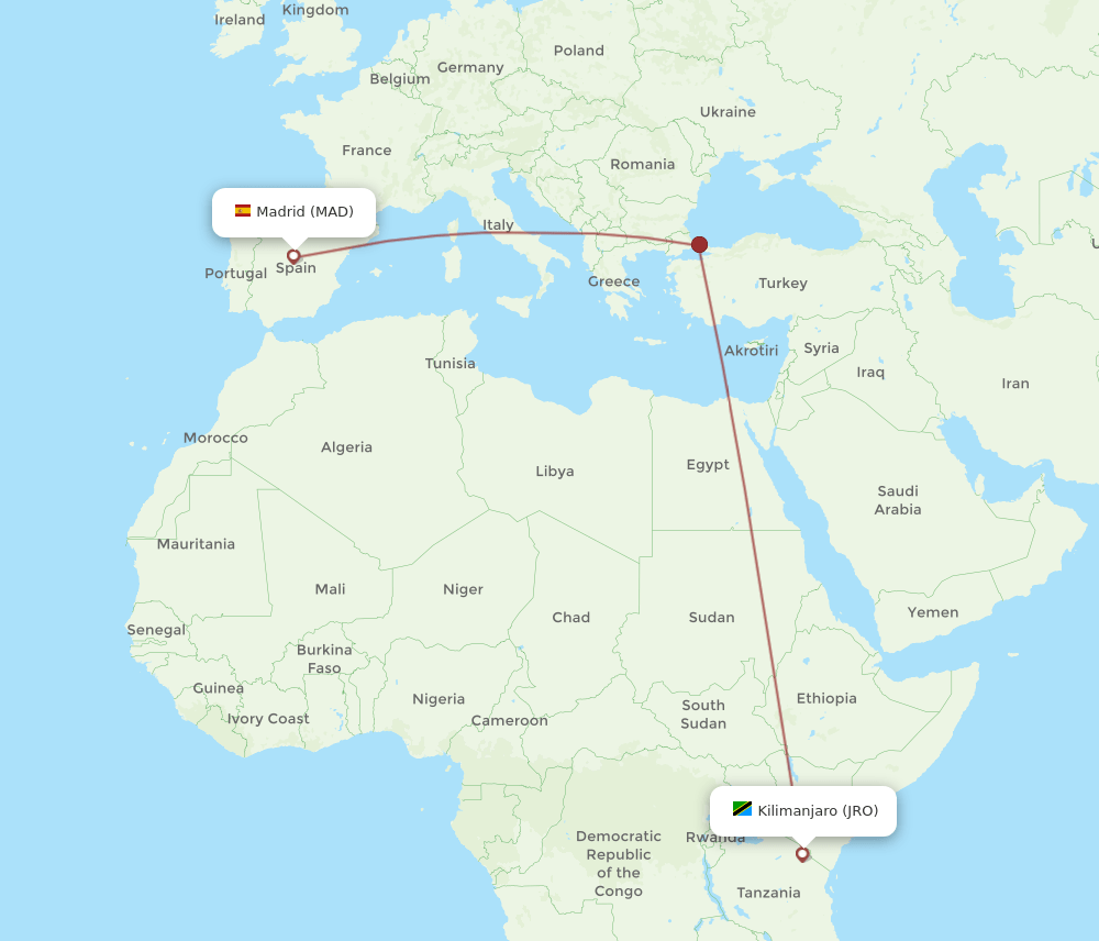 Kilimanjaro - Madrid route map and flight paths