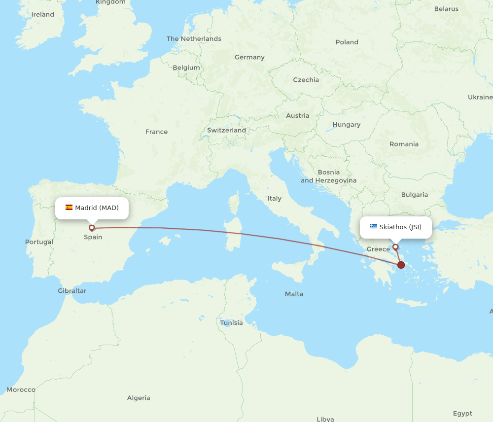 MAD to JSI flights and routes map