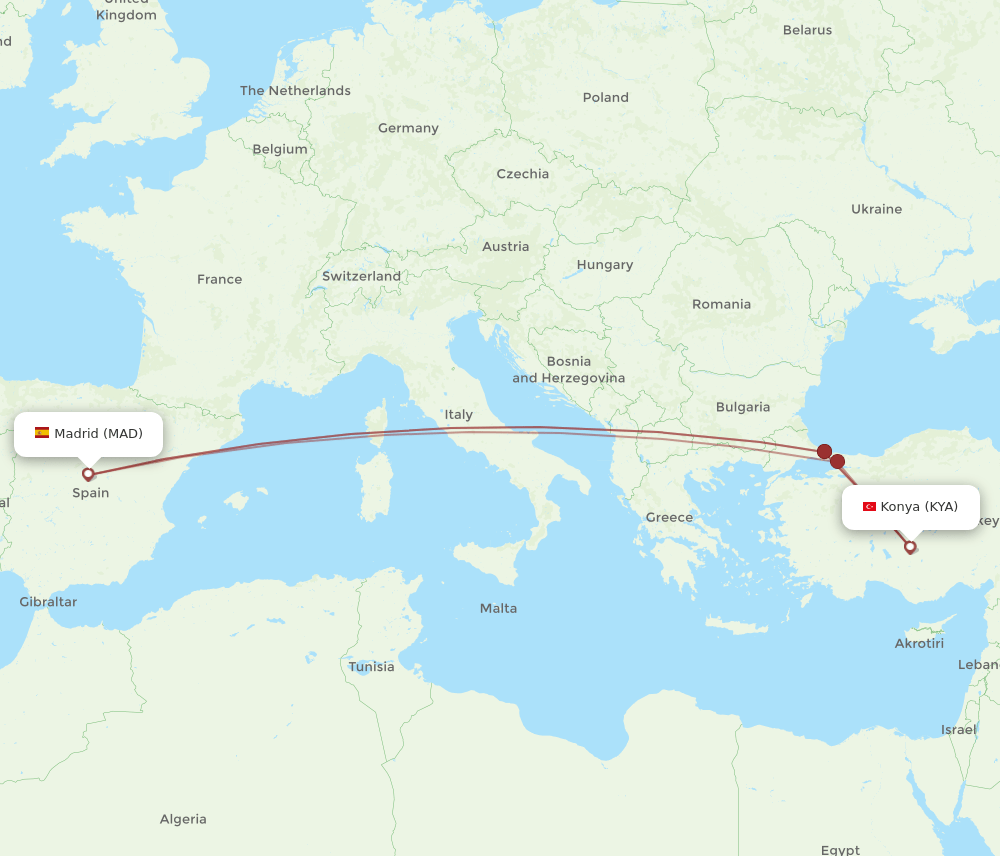 MAD to KYA flights and routes map