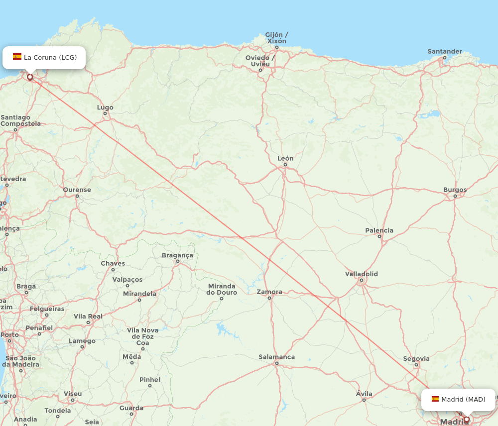 Madrid - La Coruna route map and flight paths