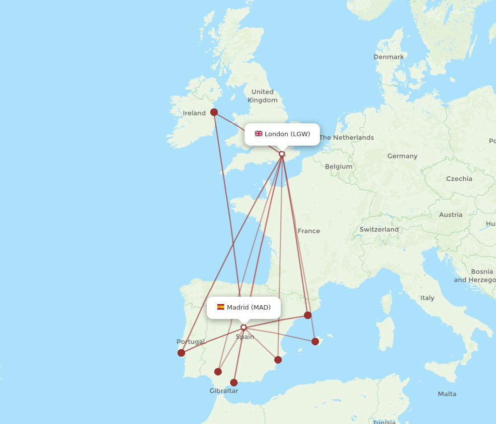 MAD to LGW flights and routes map