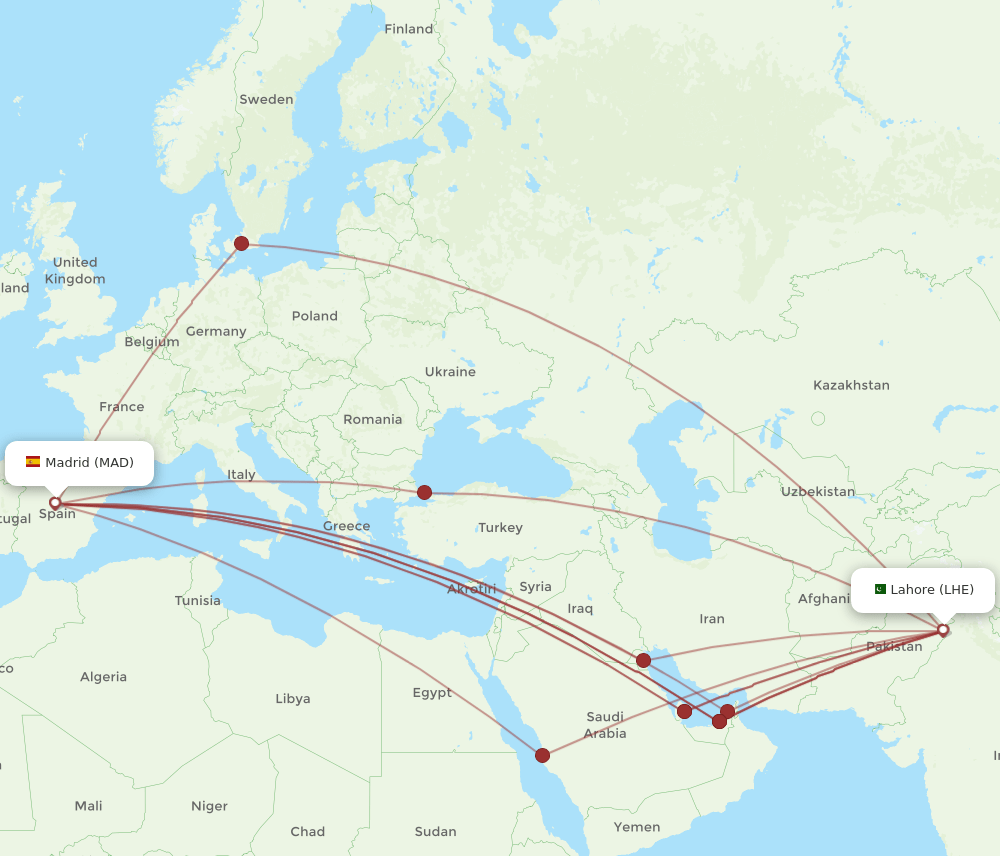 MAD-LHE flight routes