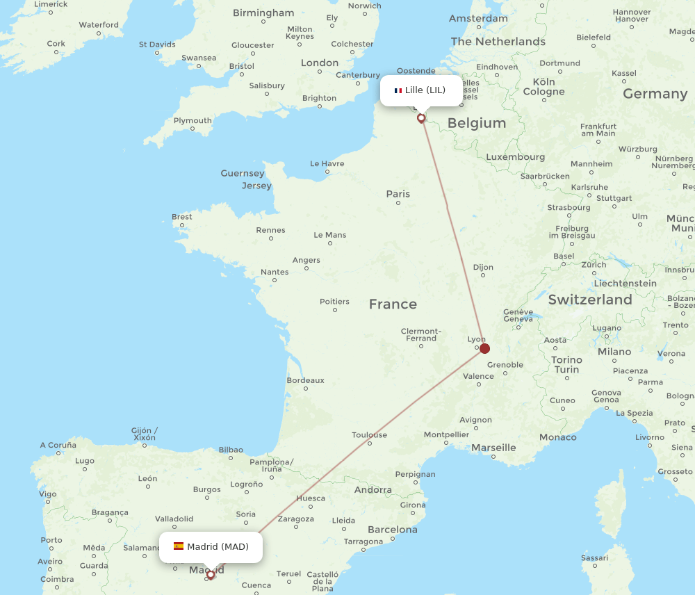 Madrid - Lille route map and flight paths