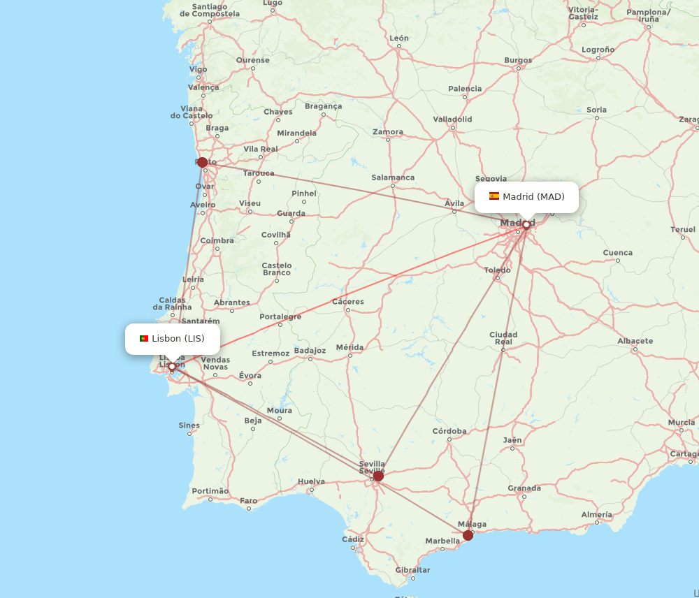 MAD to LIS flights and routes map