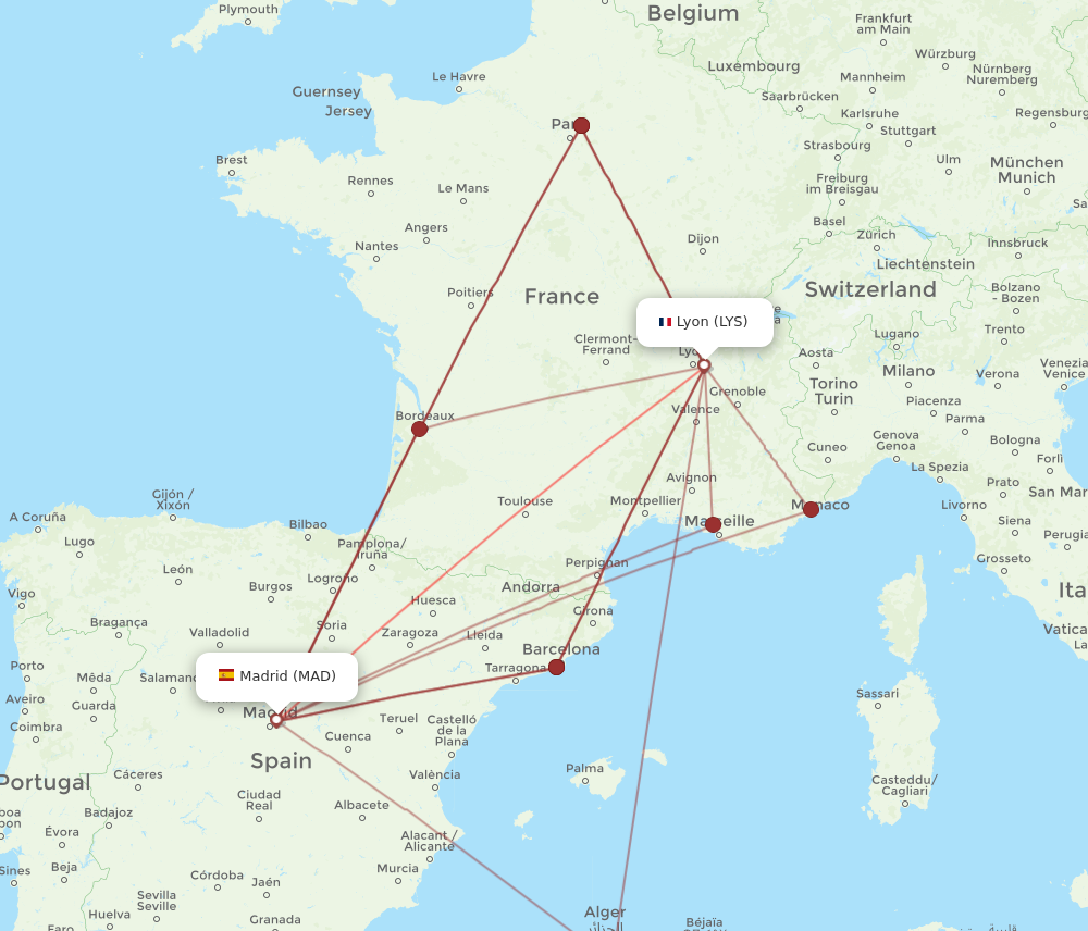 MAD to LYS flights and routes map