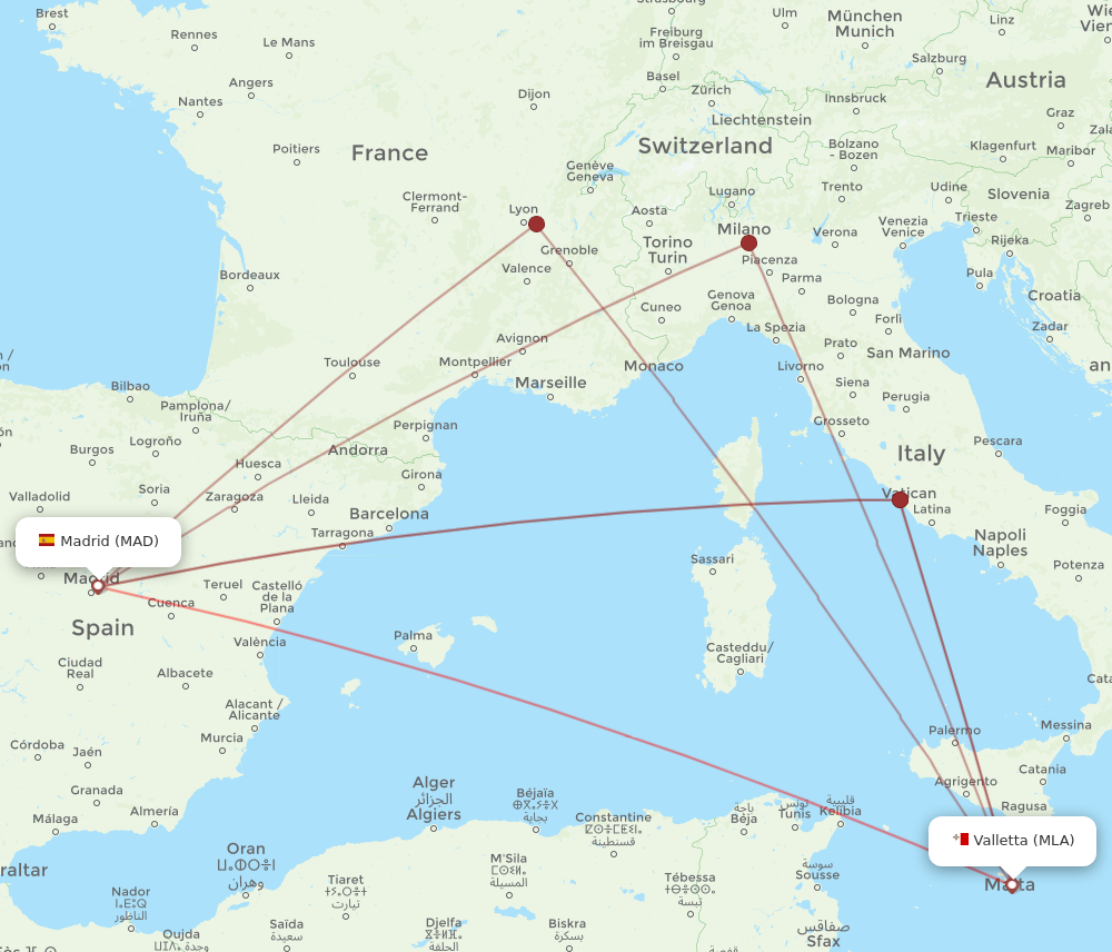 MAD to MLA flights and routes map