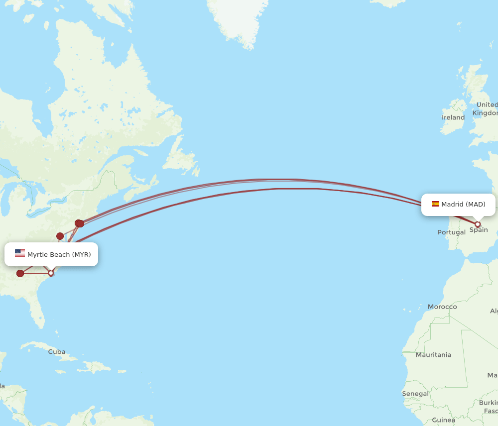 MAD to MYR flights and routes map