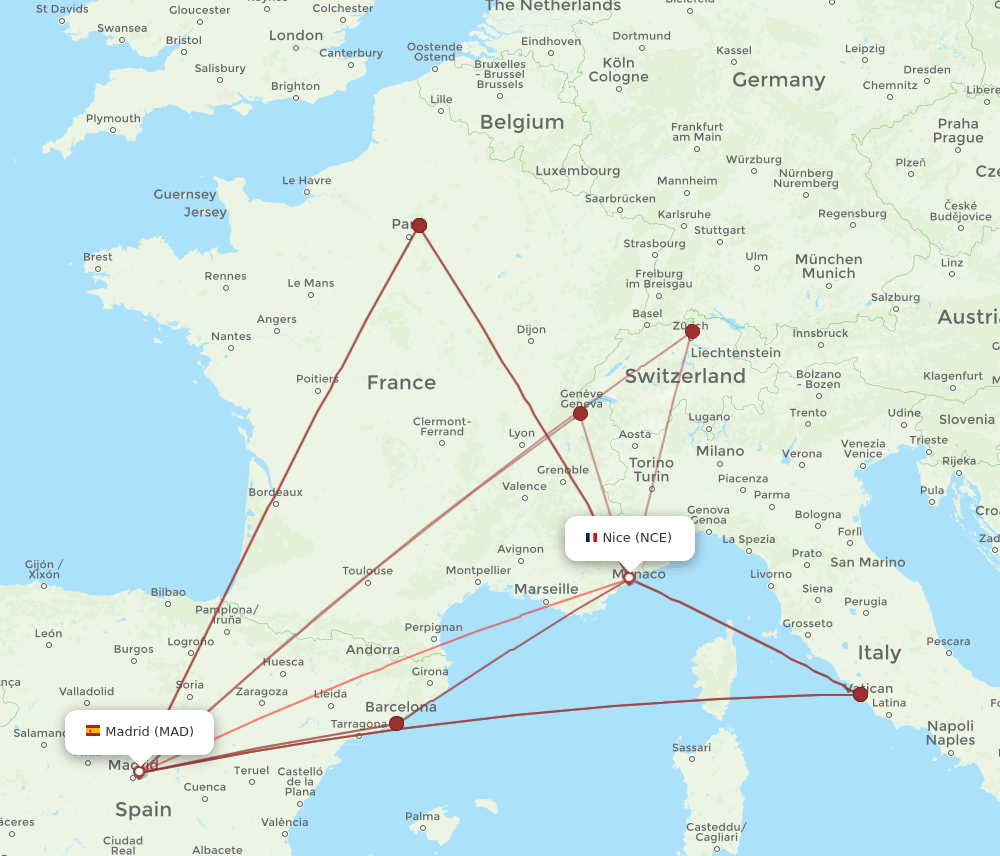 MAD to NCE flights and routes map