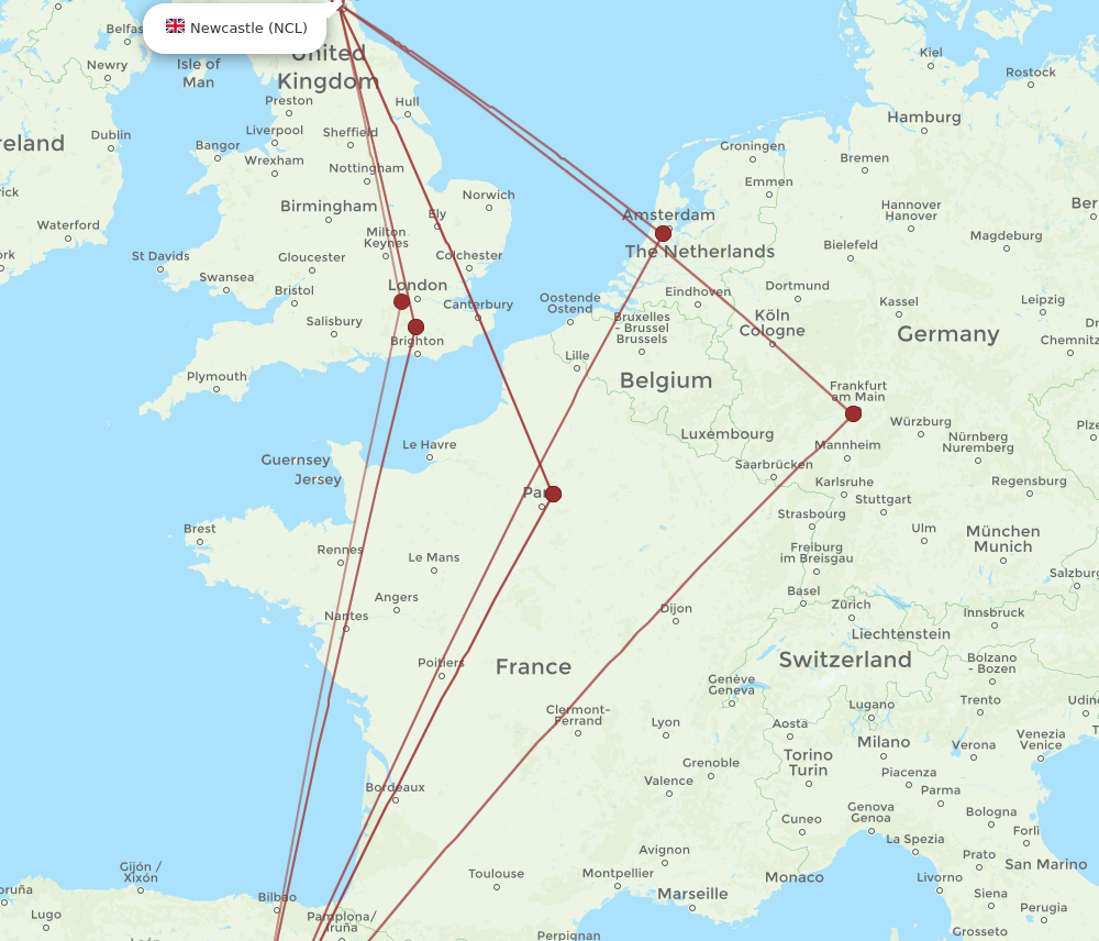 MAD to NCL flights and routes map
