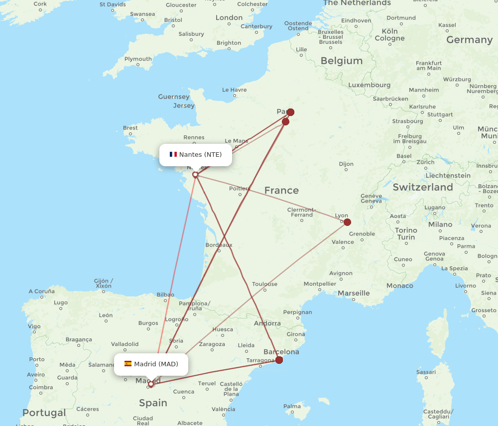 MAD to NTE flights and routes map