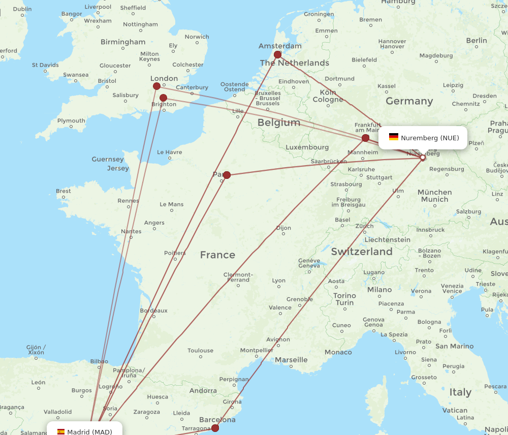 MAD to NUE flights and routes map