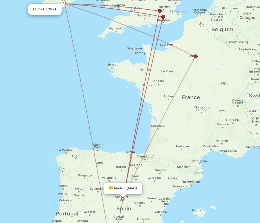 MAD to ORK flights and routes map