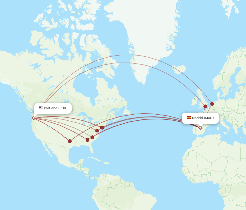 MAD to PDX flights and routes map