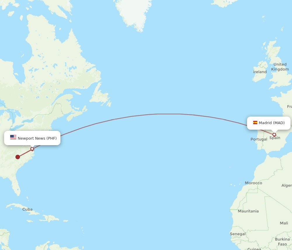 MAD to PHF flights and routes map