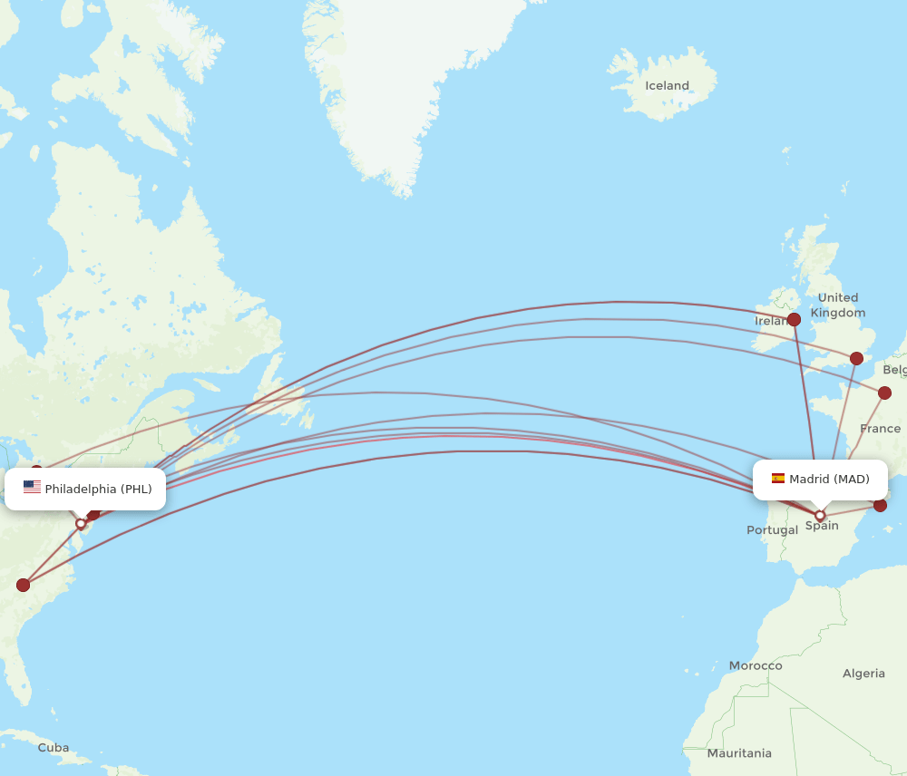 MAD to PHL flights and routes map