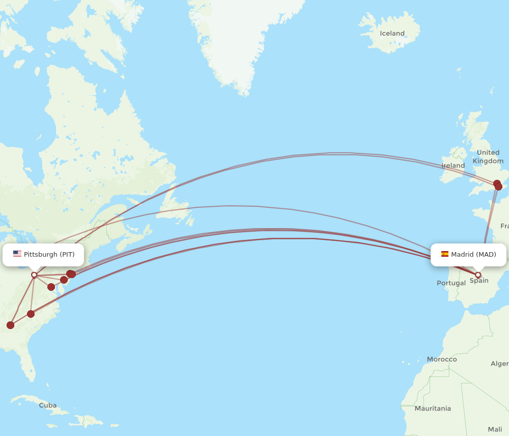 MAD to PIT flights and routes map