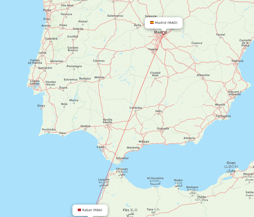 Madrid - Rabat route map and flight paths