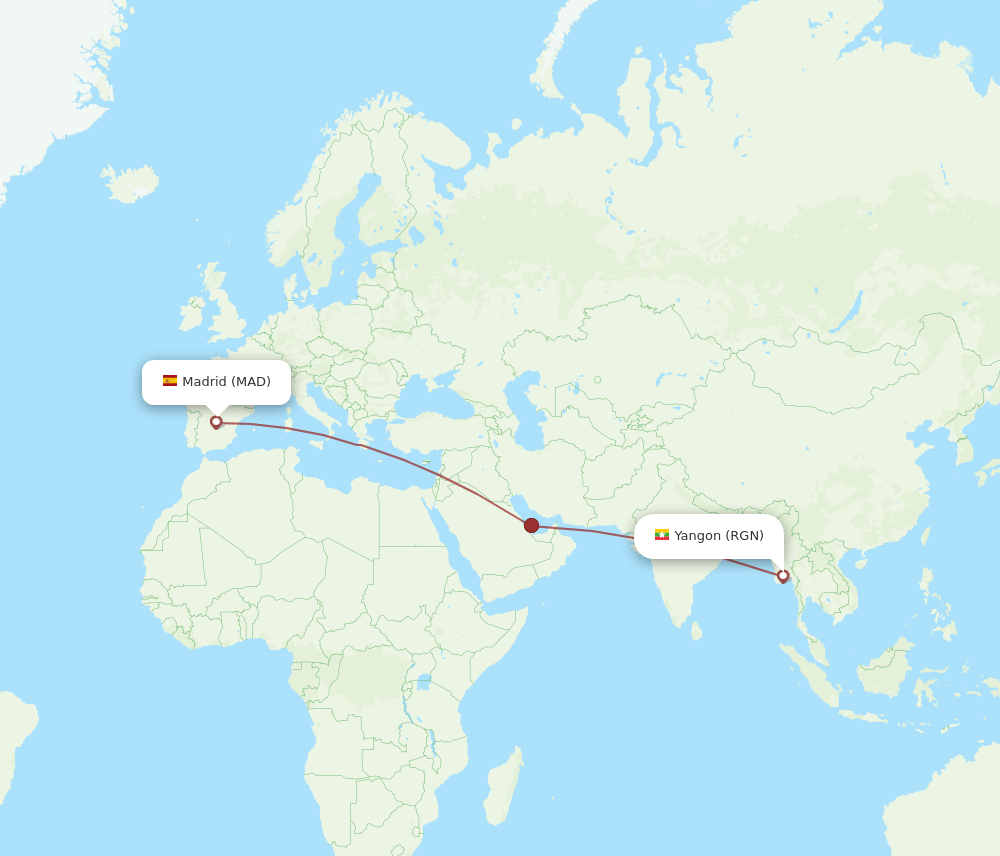 Madrid - Yangon route map and flight paths