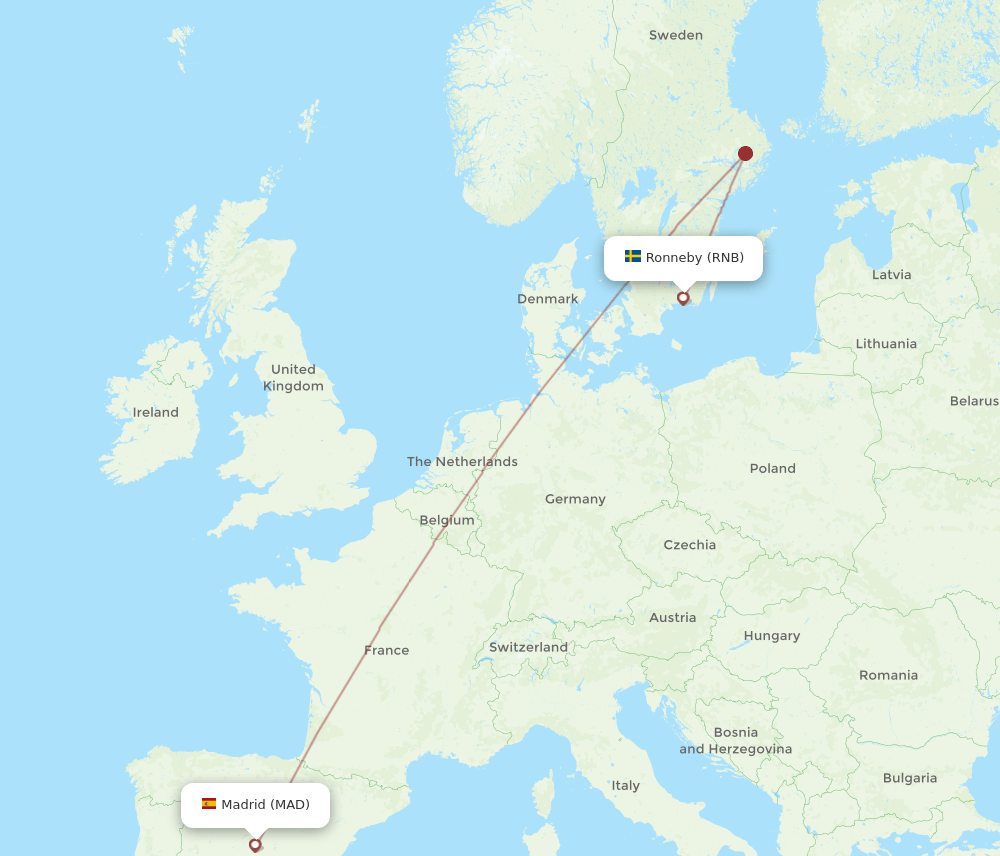Ronneby - Madrid route map and flight paths