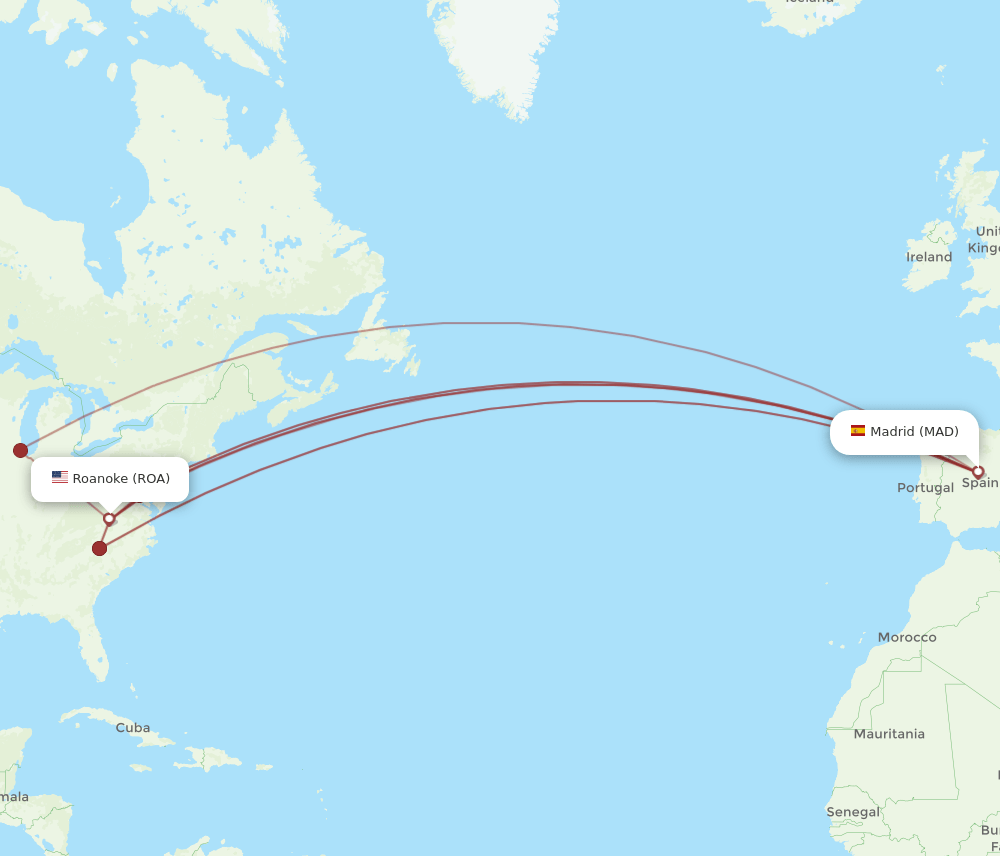 MAD to ROA flights and routes map