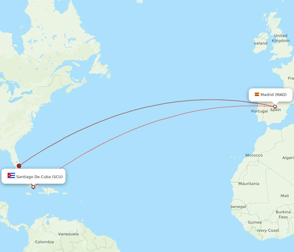 MAD to SCU flights and routes map