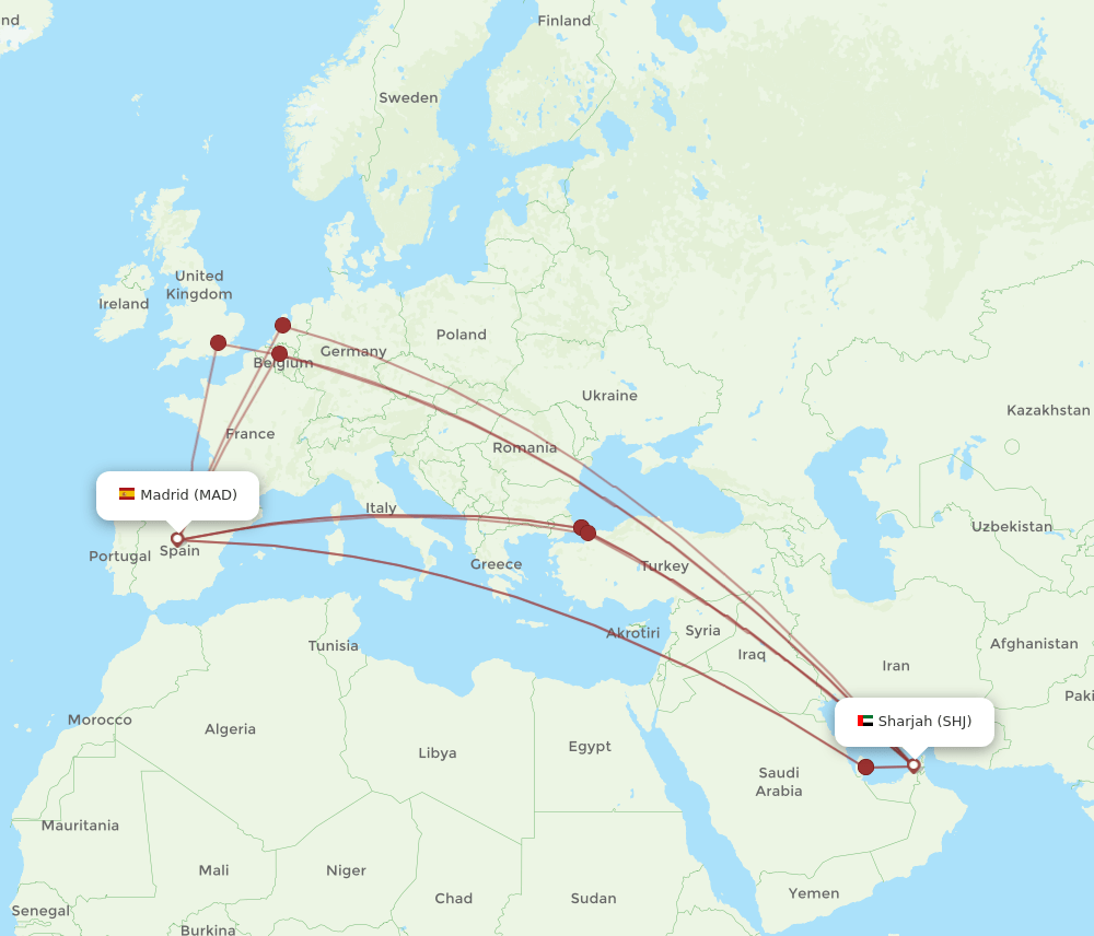 MAD to SHJ flights and routes map