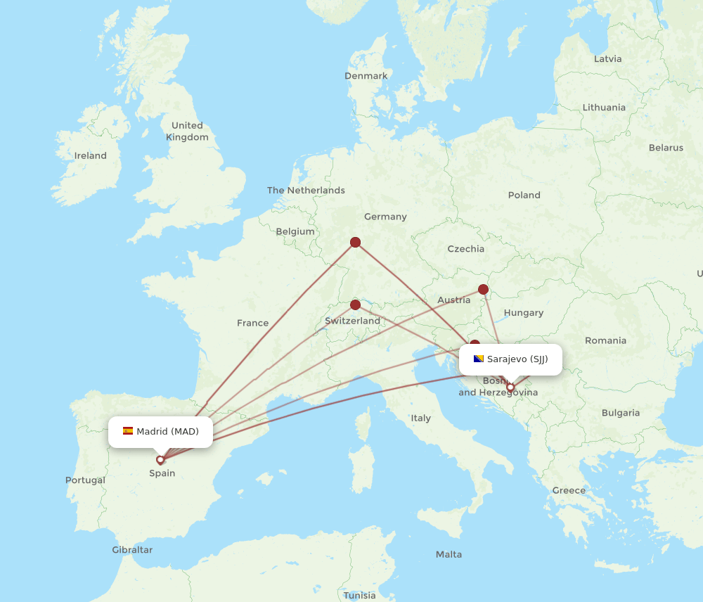 MAD-SJJ flight routes