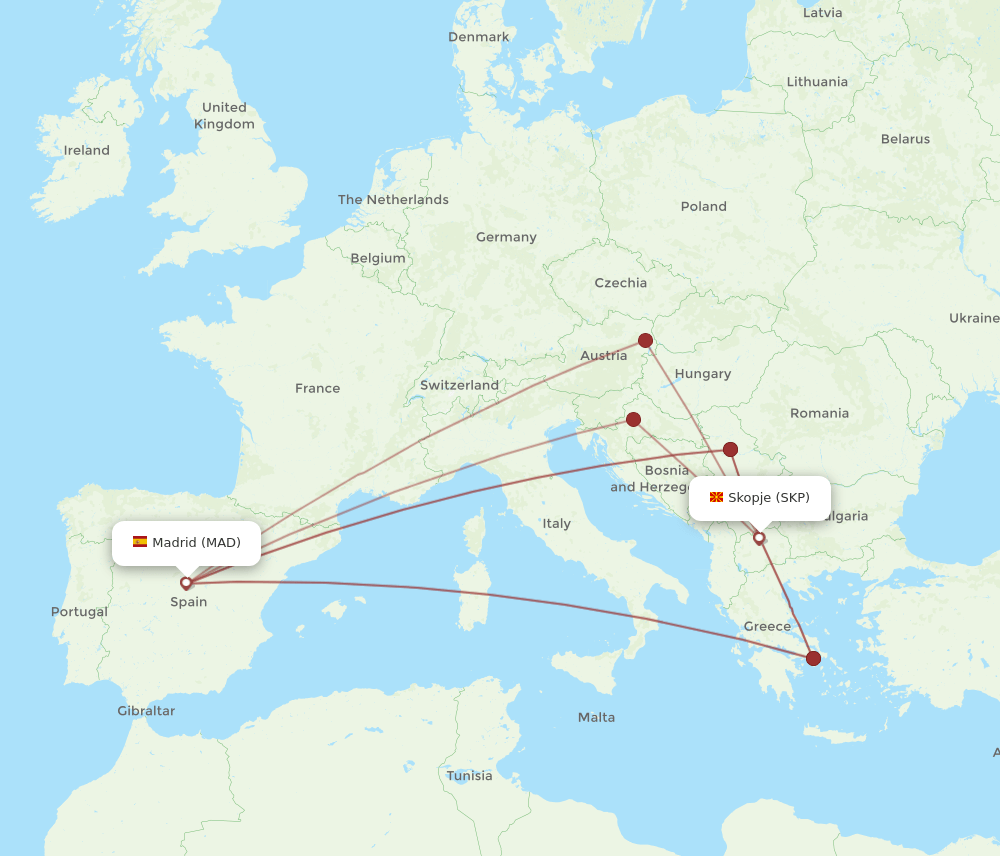 MAD to SKP flights and routes map