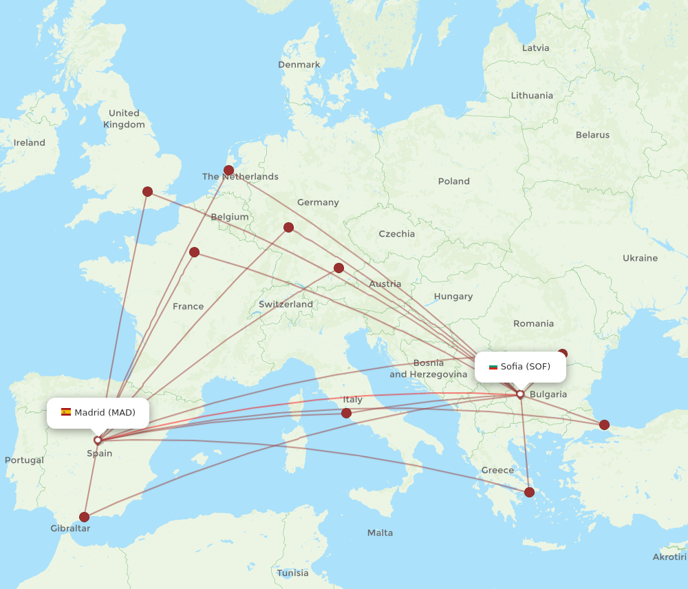 MAD to SOF flights and routes map