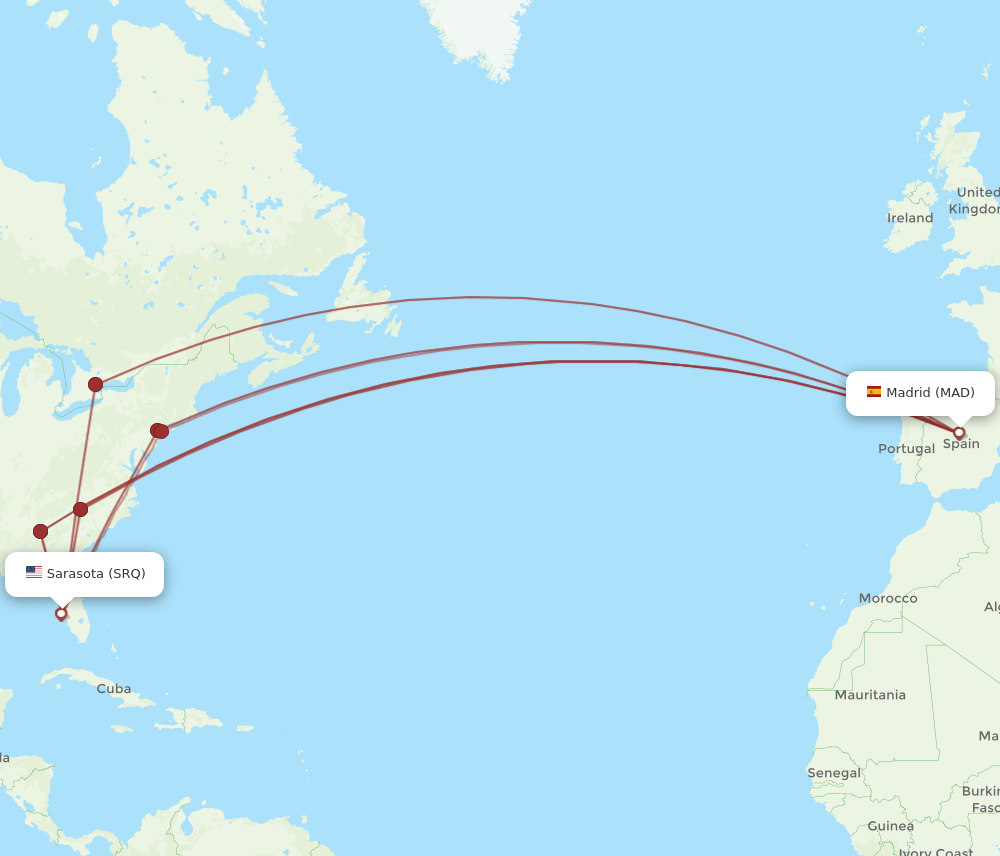 MAD to SRQ flights and routes map