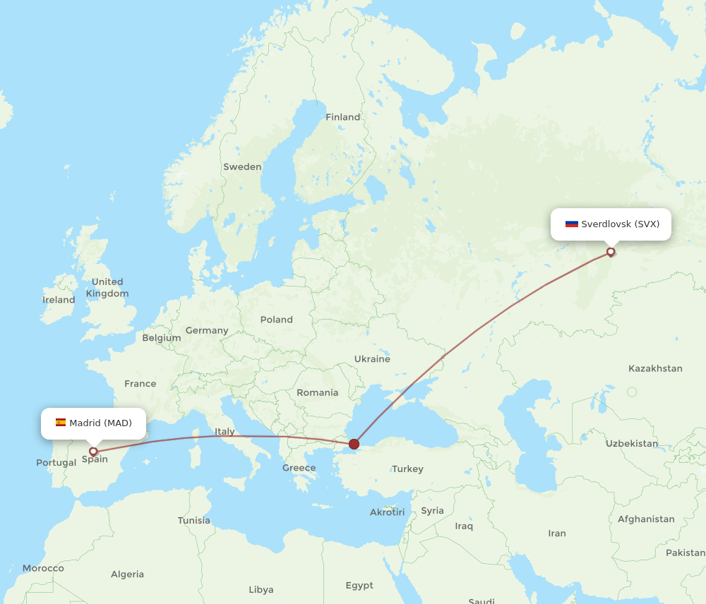 MAD to SVX flights and routes map