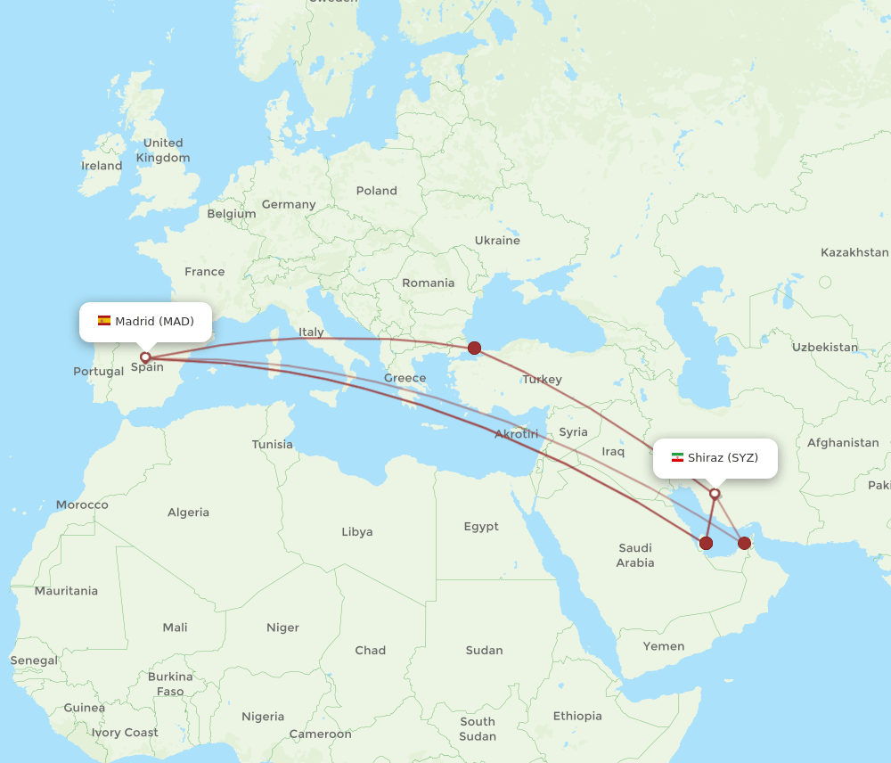 MAD to SYZ flights and routes map