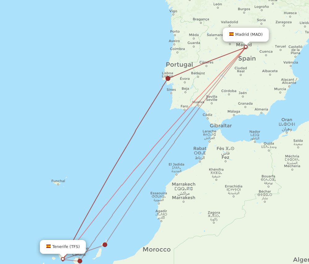 MAD to TFS flights and routes map