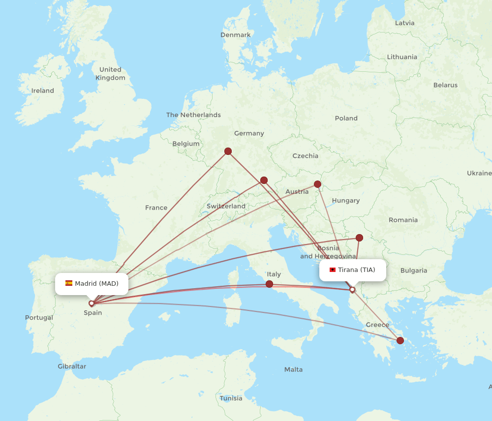 MAD to TIA flights and routes map
