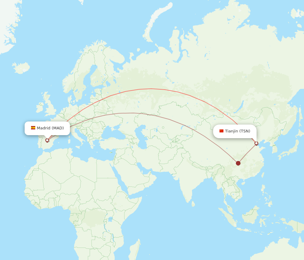 Tianjin - Madrid route map and flight paths
