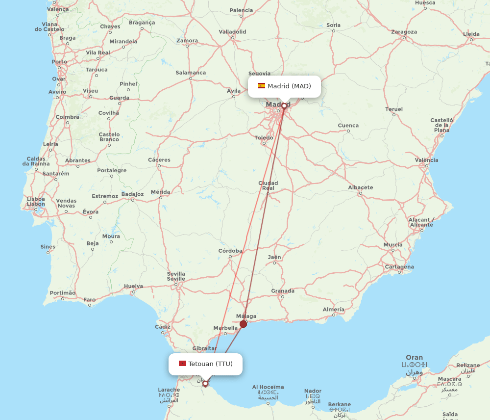 Madrid - Tetouan route map and flight paths