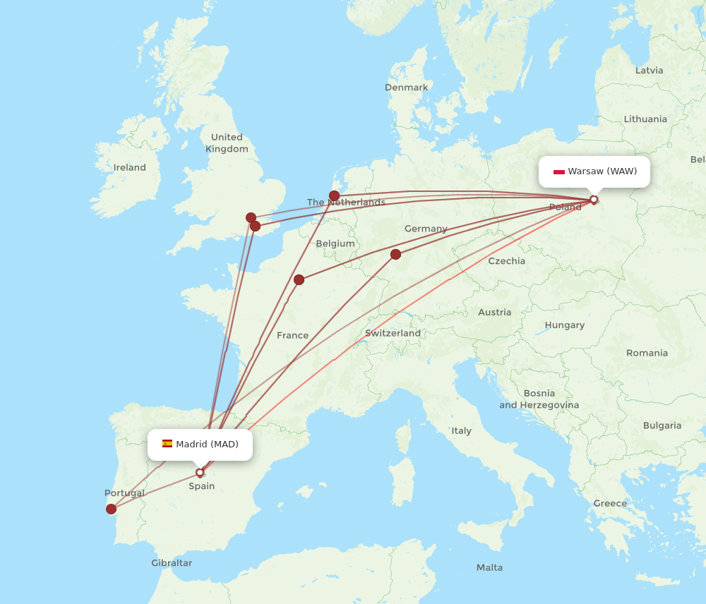 MAD to WAW flights and routes map