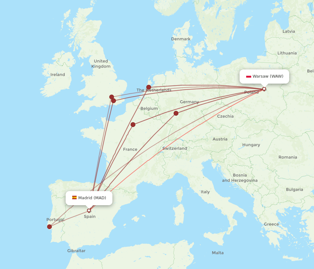 MAD to WAW flights and routes map