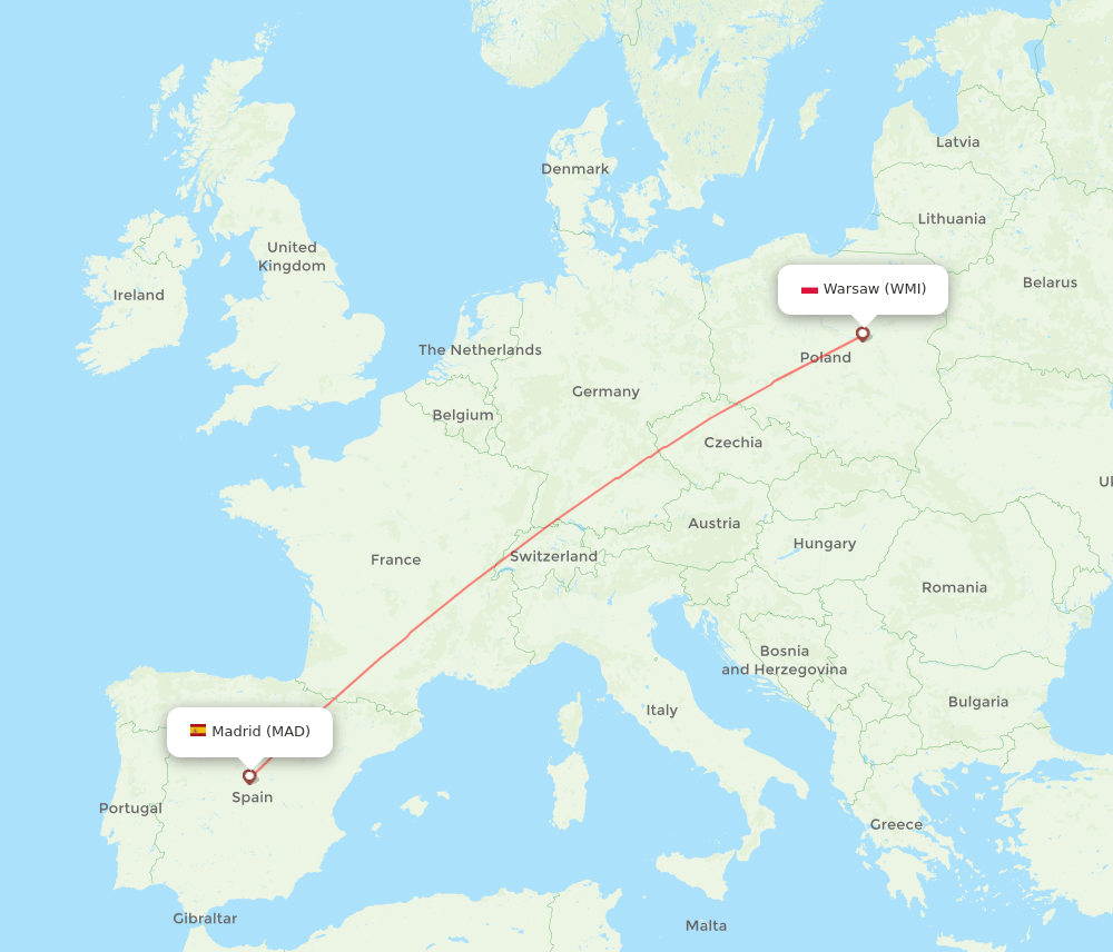 Madrid - Modlin route map and flight paths