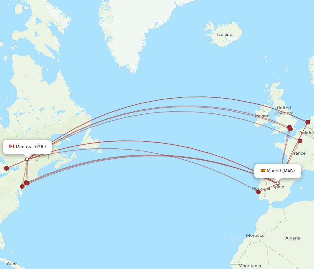 MAD to YUL flights and routes map
